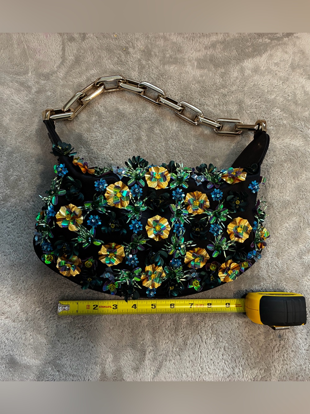 Embellished Floral Mini Shoulder Bag - Black with Gold & Green Accents